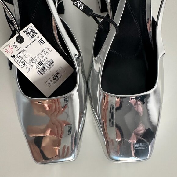 7.5/38 ZARA PARTY METALLIC SILVER SLINGBACK SHOES - Picture 3 of 6